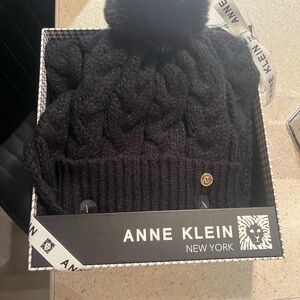 Anne Klein Black Cable Knit Beanie with Pom Pom and scarf
